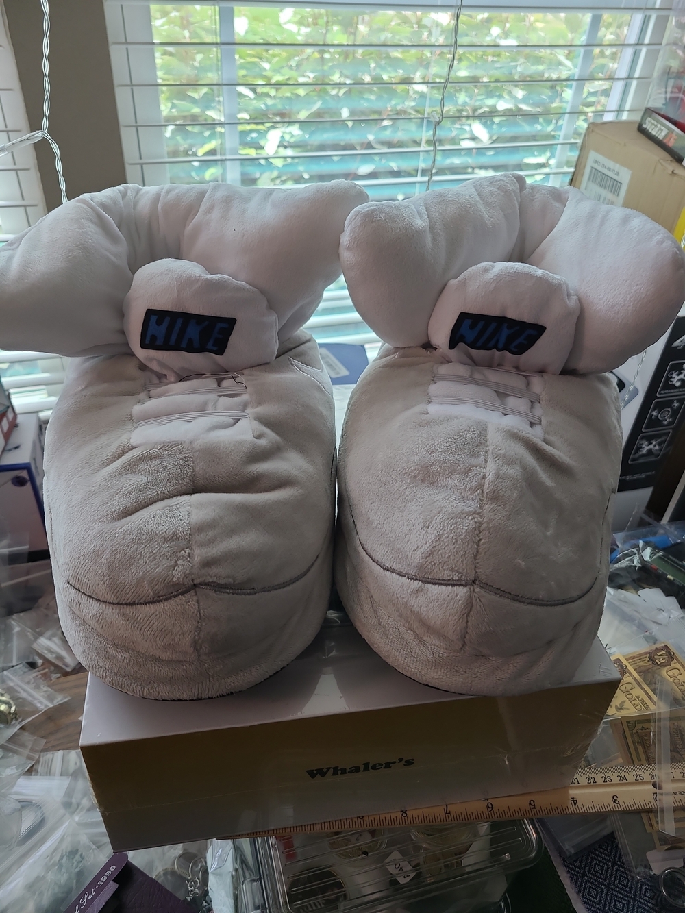 Nike Plush Oversized Slipper Shoes - Pale Gray with Blue Logo